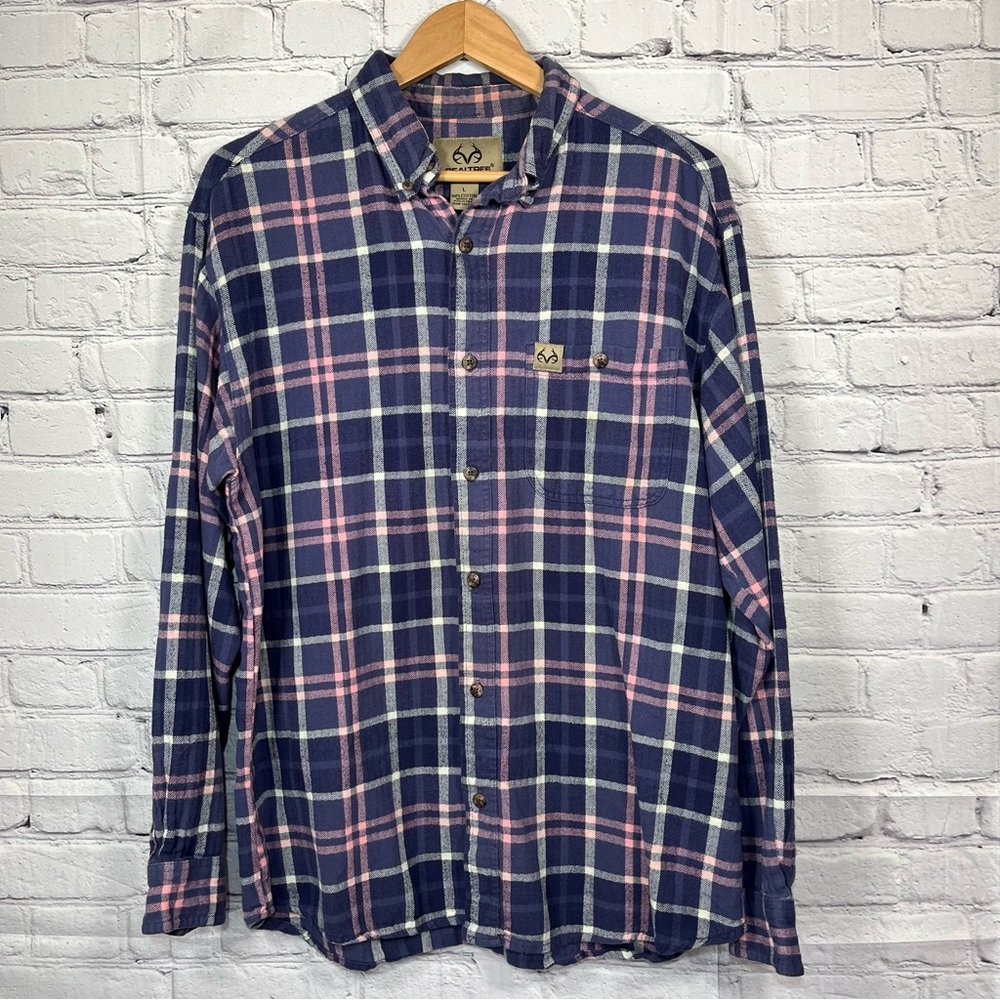 Realtree Plaid Flannel Shirt Mens Size Large Blue Long Sleeved Button Up